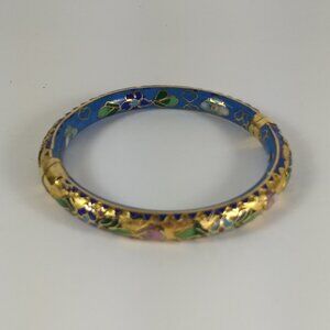 Blue and Gold Cloisonne Hinged Bracelet Old Money Luxury Floral Classic Flowers